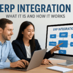 Business professionals discussing ERP integration on a computer screen.